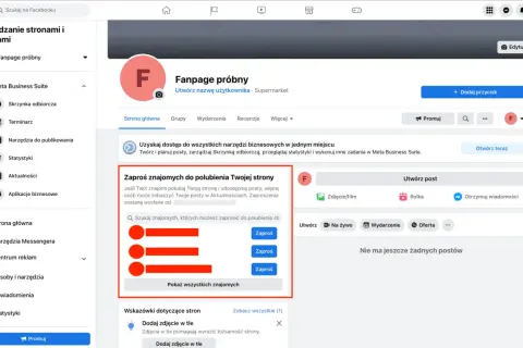 Ekran zarządzania stroną firmową na Facebooku z opcją zapraszania znajomych do polubienia strony.
