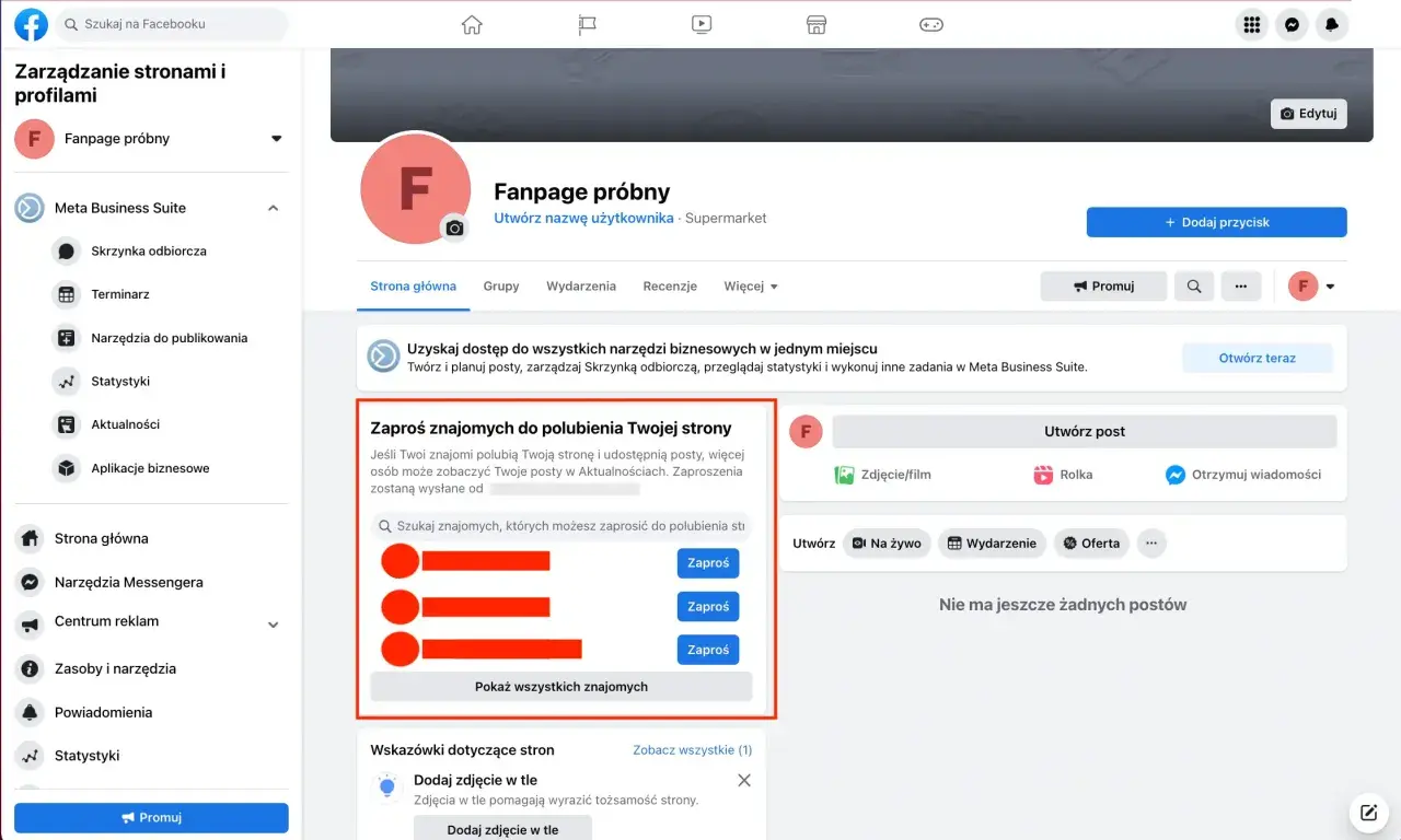 Ekran zarządzania stroną firmową na Facebooku z opcją zapraszania znajomych do polubienia strony.